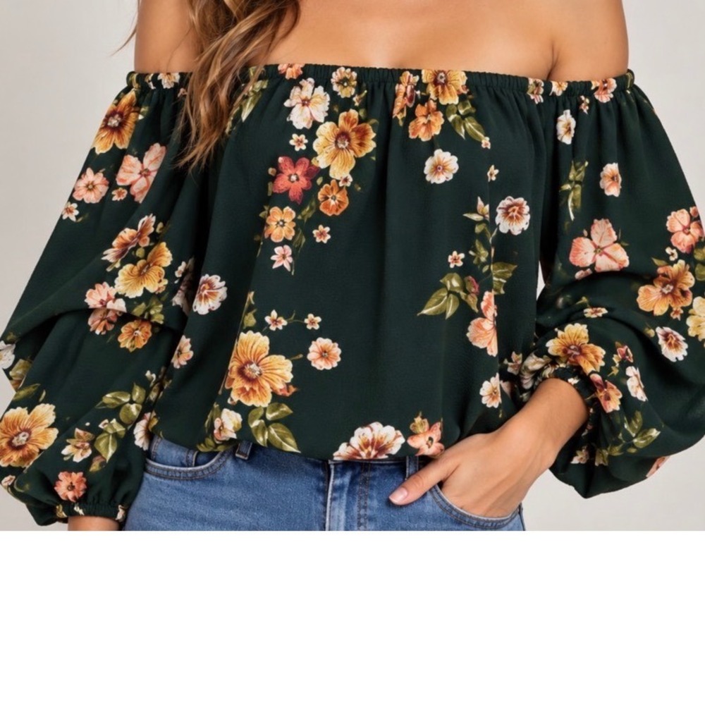 Intu Women Forest Green Floral Off The Shoulder Ruffle Sleeve Blouse Medium boho